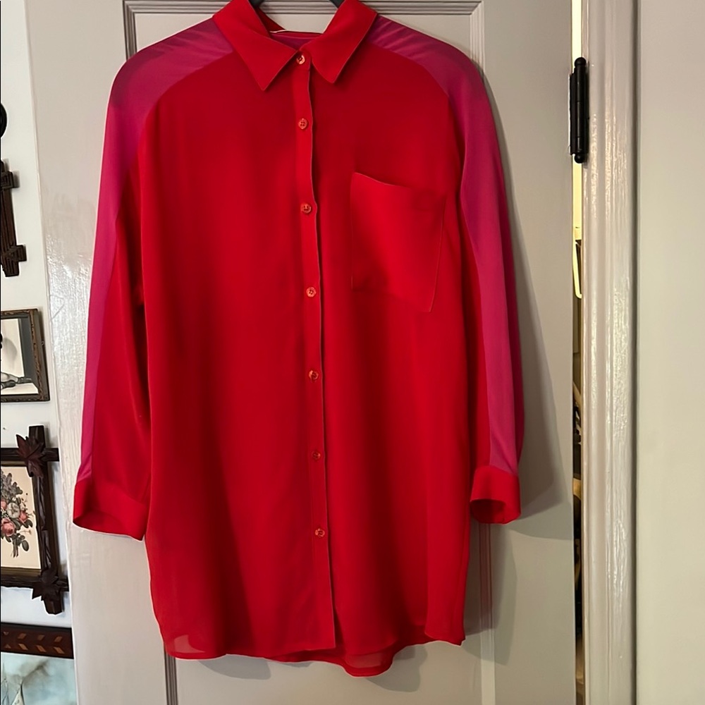 Marie Marie Designer Brand Sheer Red/Hot Pink button up Blouse